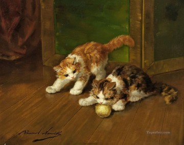 kittens playing a clew Alfred Brunel de Neuville Oil Paintings